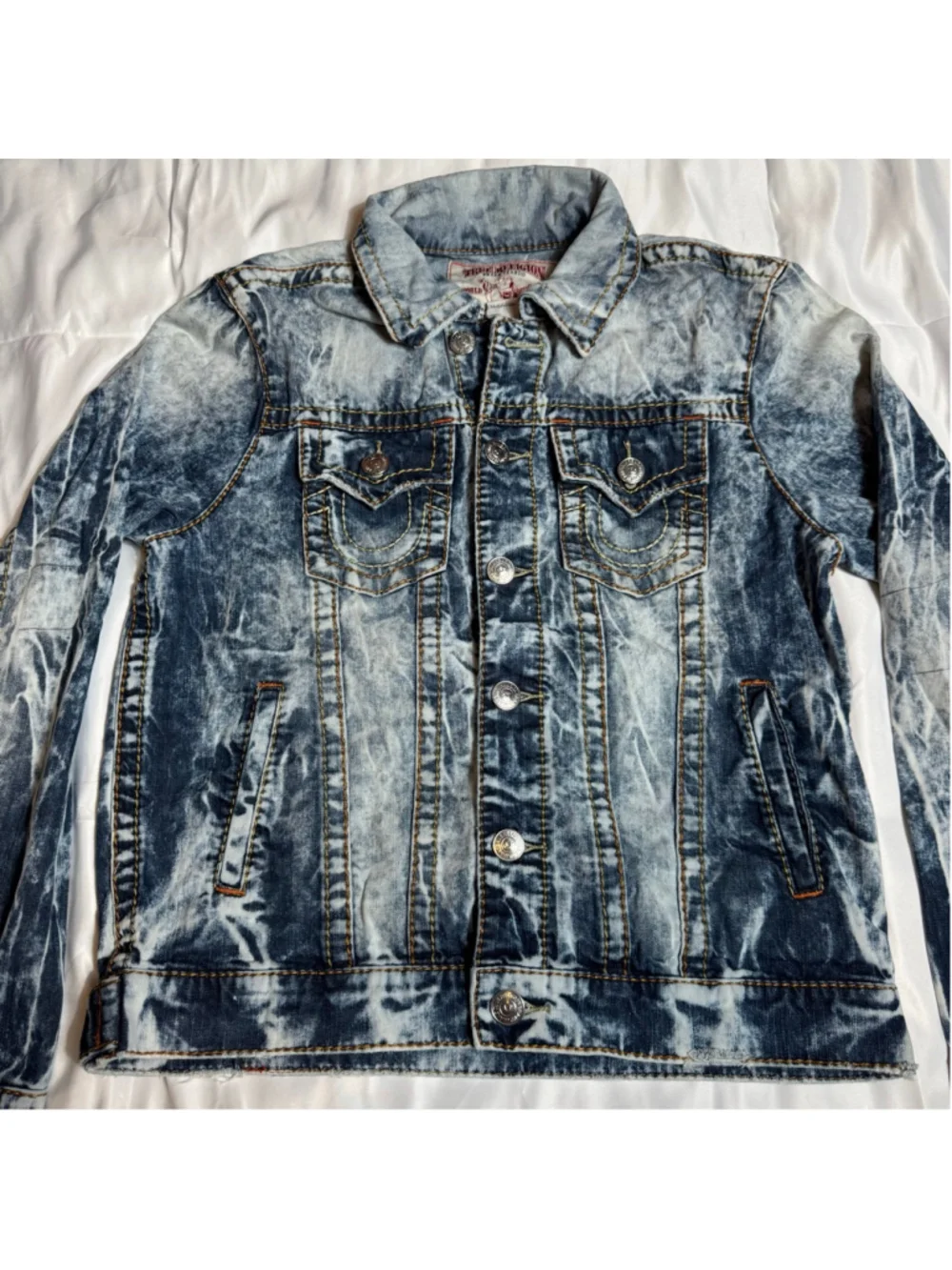 Men's True Religion Trucker Jacket M Blue White Acid Wash